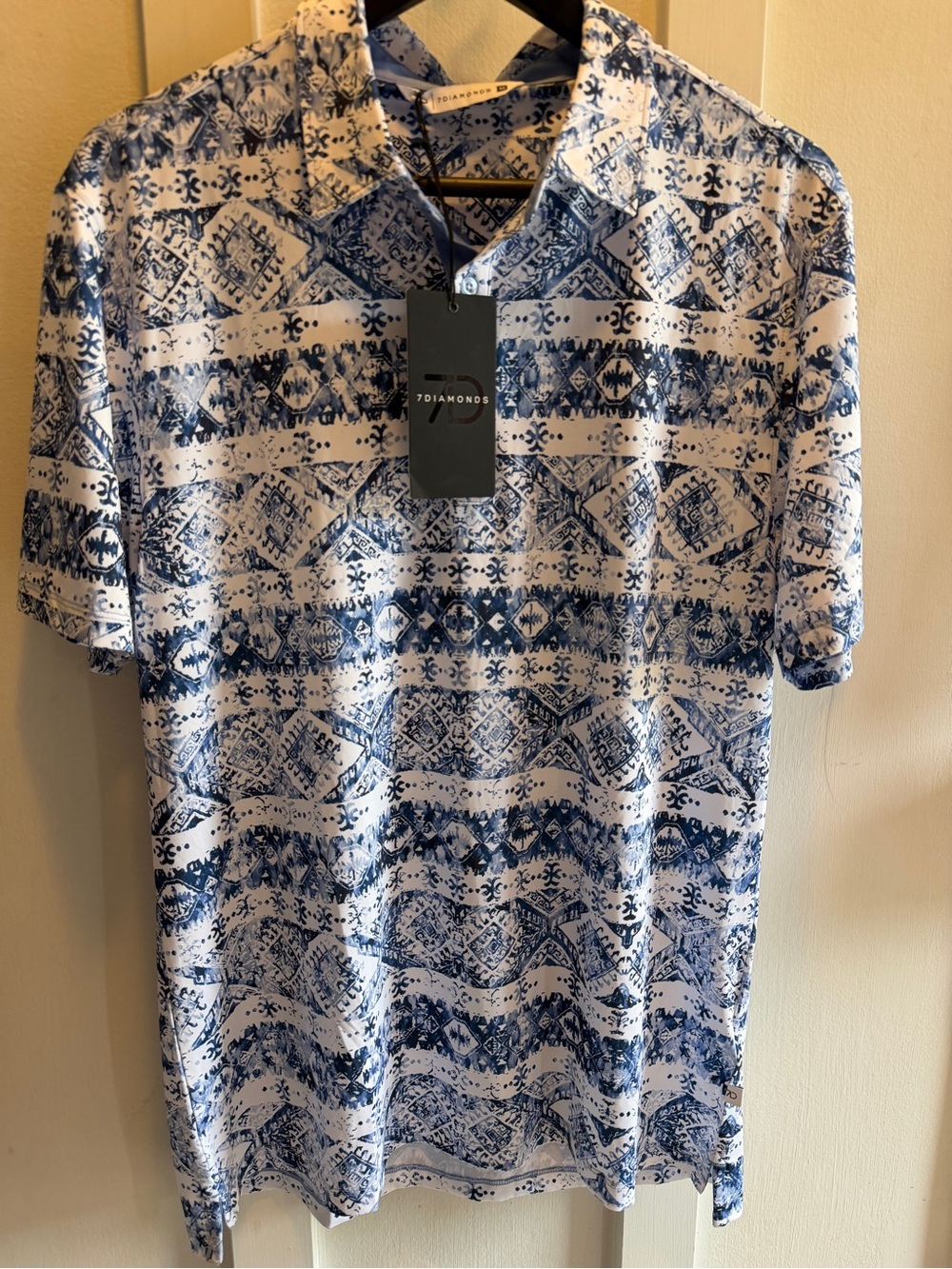 7 Diamonds Guarda Navy Print Short Sleeve Polo NWT M